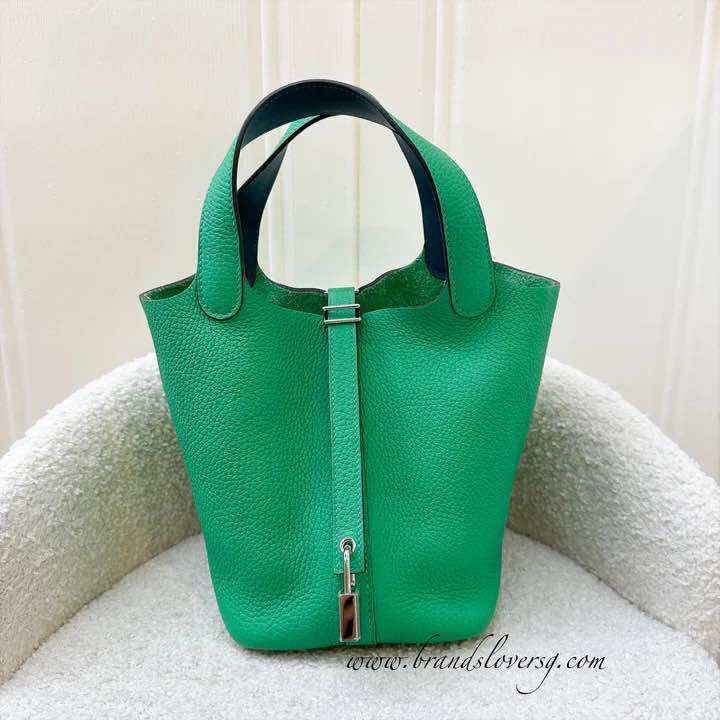 (Pre-loved) Hermes Picotin Lock 18 in Menthe Clemence Leather with Vert Bosphore Handles and PHW